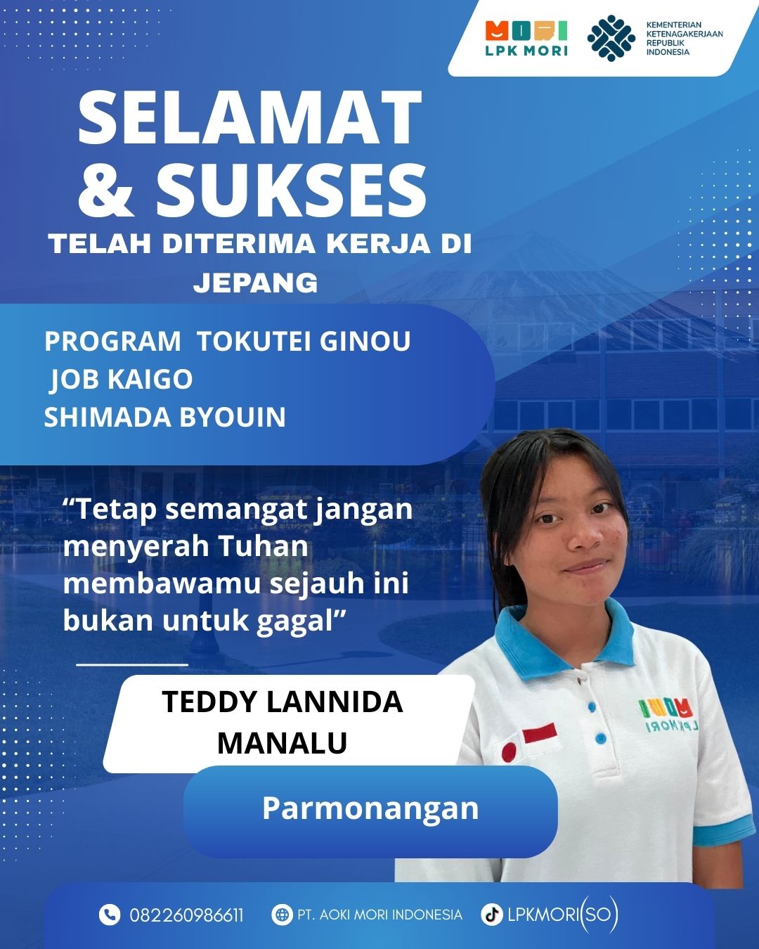 Teddy L Manalu Siswa asal Parmonangan yang telah di terima bekerja di Jepang, program Tokutei Ginou, Job Kaigo, diperusahaa Shimada Byouin.CO.,LTD