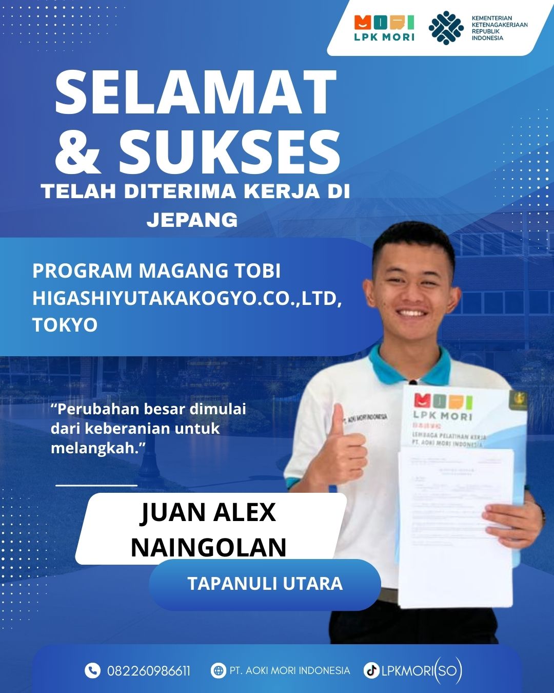 Juan Alex Nainggolan Siswa asal Tapanuli Utara yang telah di terima bekerja di Jepang, program magang, Job Tobi, diperusahaa HIGASHIYUTAKAKOGYO.CO.,LTD