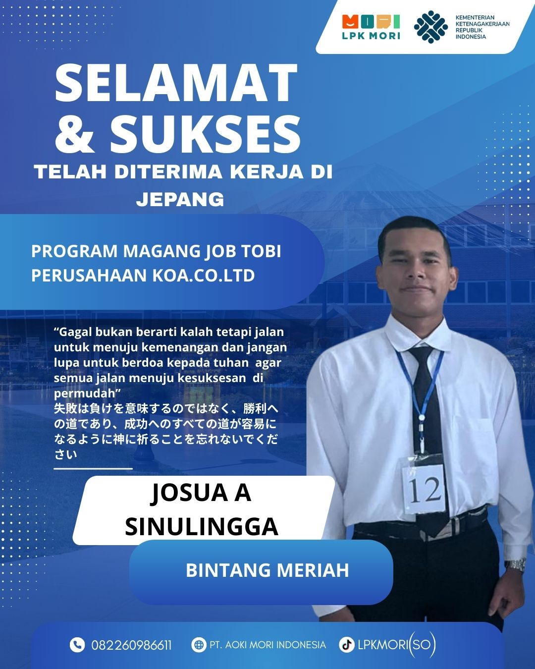 Josua Sinulingga Siswa asal Bintang Meriah yang telah di terima bekerja di Jepang, program magang, Job Tobi, diperusahaa KOA.CO.,LTD