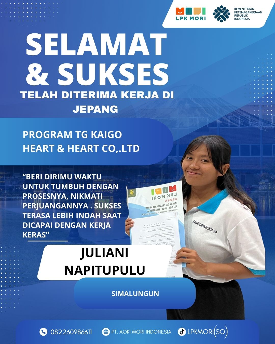 Juliani Napitupulu Siswa asal Simalungun yang telah di terima bekerja di Jepang, program Tokutei Ginou, Job Kaigo, diperusahaa Heart &amp; Heart.CO.,LTD