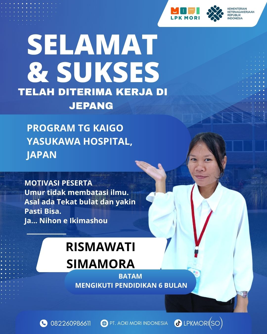 Rismawati Simamora Siswa asal Batam yang telah di terima bekerja di Jepang, program Tokutei Ginou, Job Kaigo, diperusahaa YASUKAWA HOSPITAL.CO.,LTD