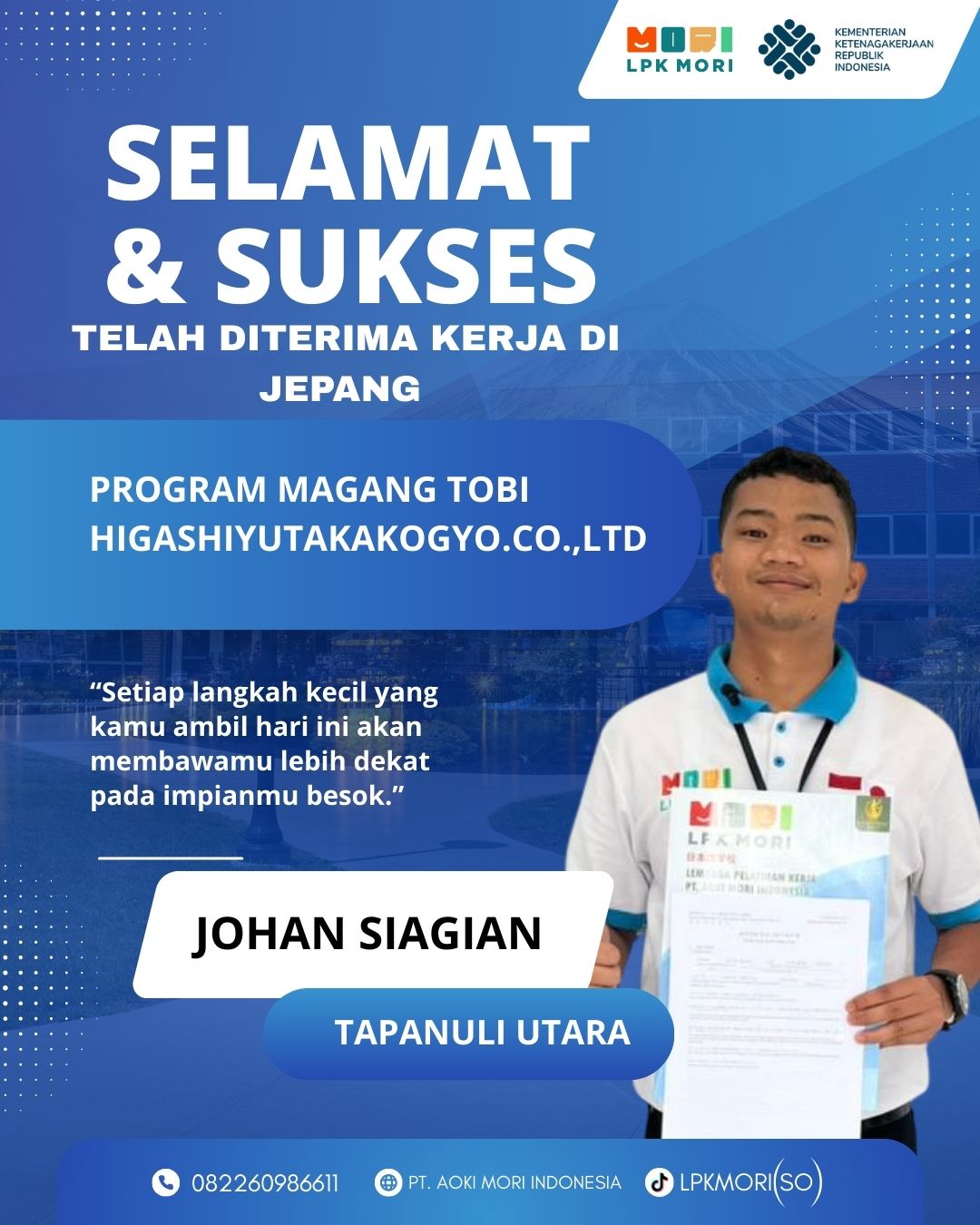 Johan Siagian Siswa asal Tapanuli Utara yang telah di terima bekerja di Jepang, program magang, Job Tobi, diperusahaa HIGASHIYUTAKAKOGYO.CO.,LTD