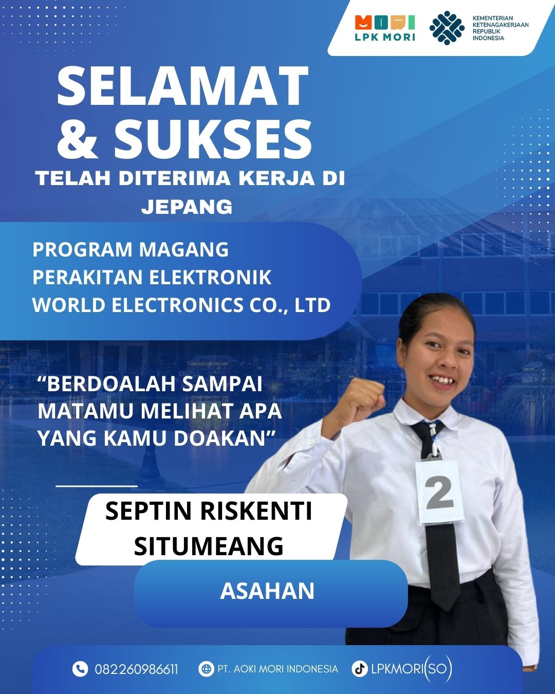 Septin Riskenti Situmeang Siswa asal Asahan yang telah di terima bekerja di Jepang, program Magang, Job Perakitan Elektronik, diperusahaa World Electronics Co., Ltd