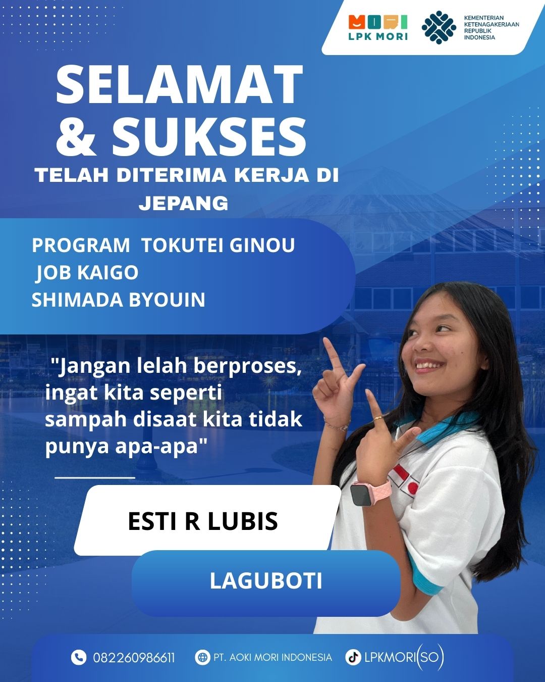 Esti R Lubis Siswa asal Lagu Boti yang telah di terima bekerja di Jepang, program Tokutei Ginou, Job Kaigo, diperusahaa Shimada Byouin.CO.,LTD