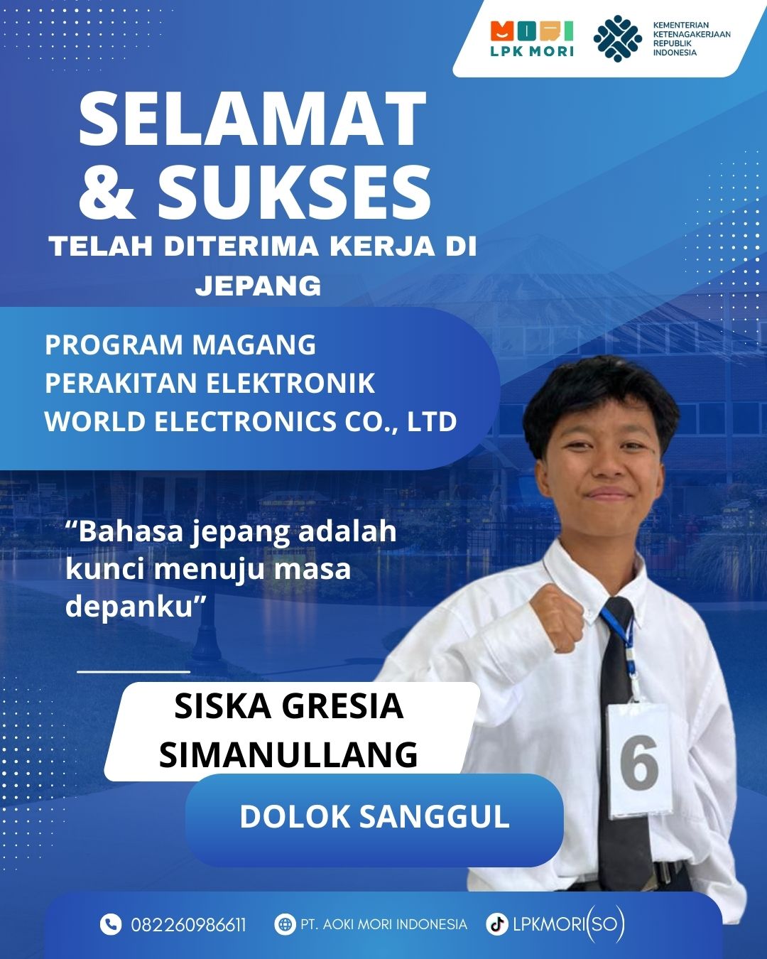 Siska Grecia Simanullang Siswa asal Humbang Hasundutan yang telah di terima bekerja di Jepang, program Magang, Job Perakitan Elektronik, diperusahaa World Electronics Co., Ltd