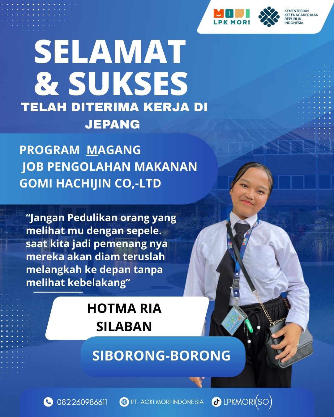 Hotma Ria Silaban Siswa asal Tapanuli Utara yang telah di terima bekerja di Jepang, program magang, Job Pewarnaan Kain, diperusahaa Gomi Hachijin.CO.,LTD