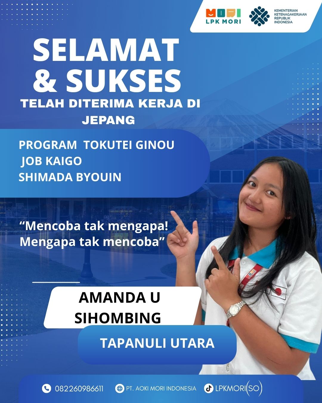 Amanda U Sihombing Siswa asal Tapanuli Utara yang telah di terima bekerja di Jepang, program Tokutei Ginou, Job Kaigo, diperusahaa Shimada byouin.CO.,LTD