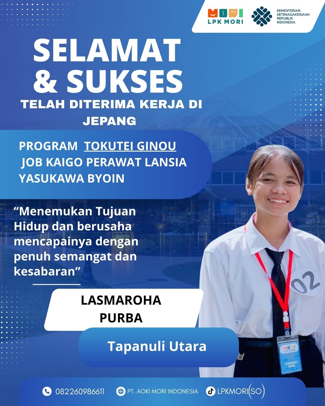 Lasmaroha purba Siswa asal Taput yang telah di terima bekerja di Jepang, program Tokutei Ginou, Job Kaigo, diperusahaa Yasukawa Byoin.CO.,LTD