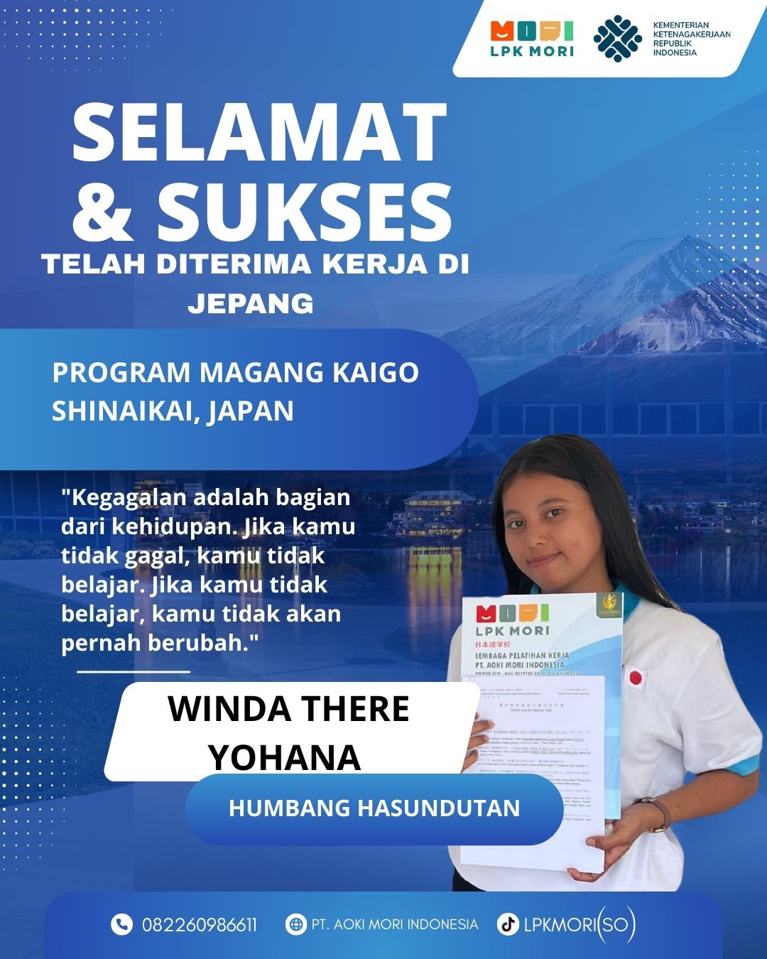 Winda There Yohana Siswa asal HUMBAHAS yang telah di terima bekerja di Jepang, program Magang, Job Kaigo, diperusahaa Shinaikai.CO.,LTD