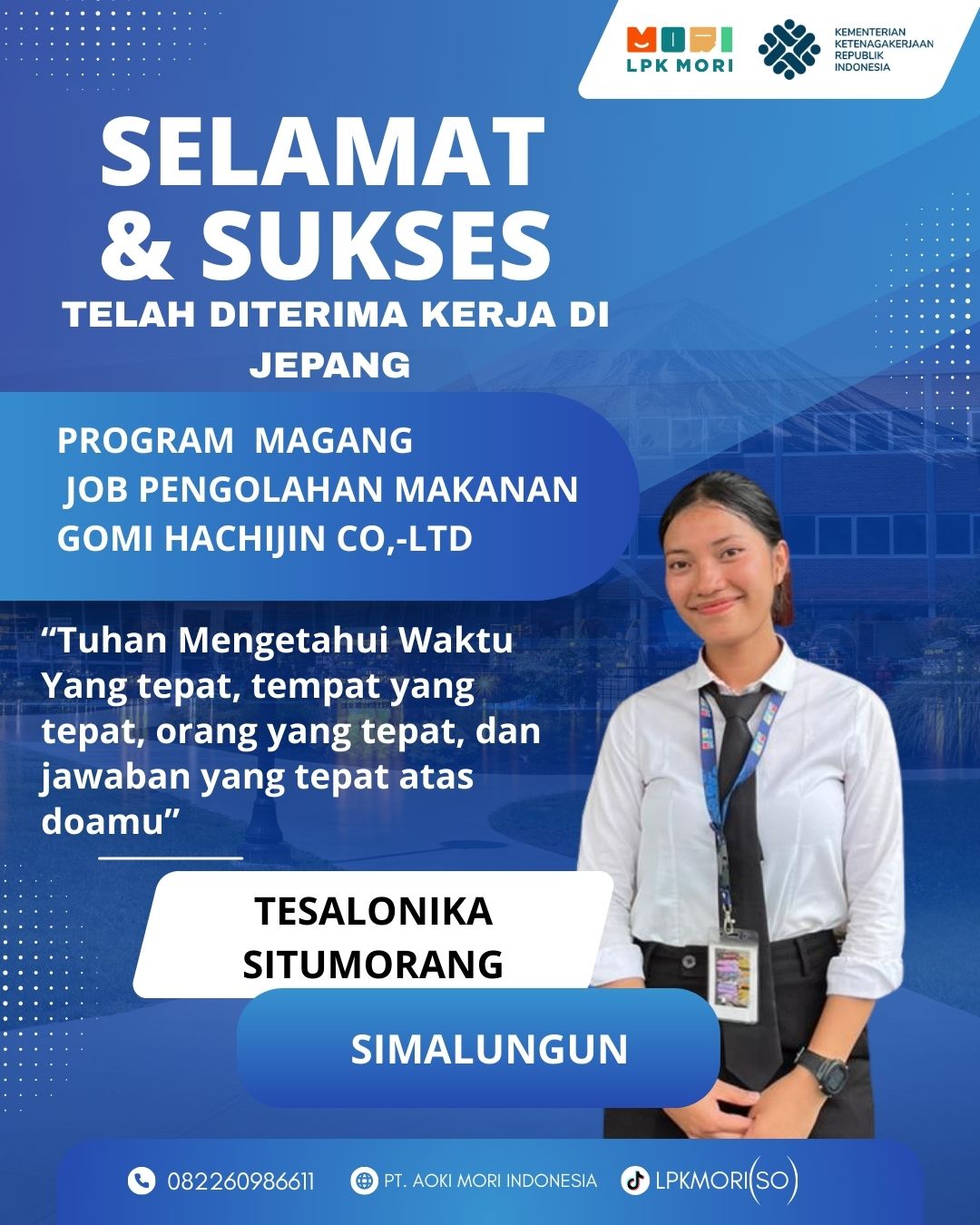 Tesalonika Situmorang Siswa asal Simalungun yang telah di terima bekerja di Jepang, program magang, Job Pewarnaan Kain, diperusahaa Gomi Hachijin.CO.,LTD