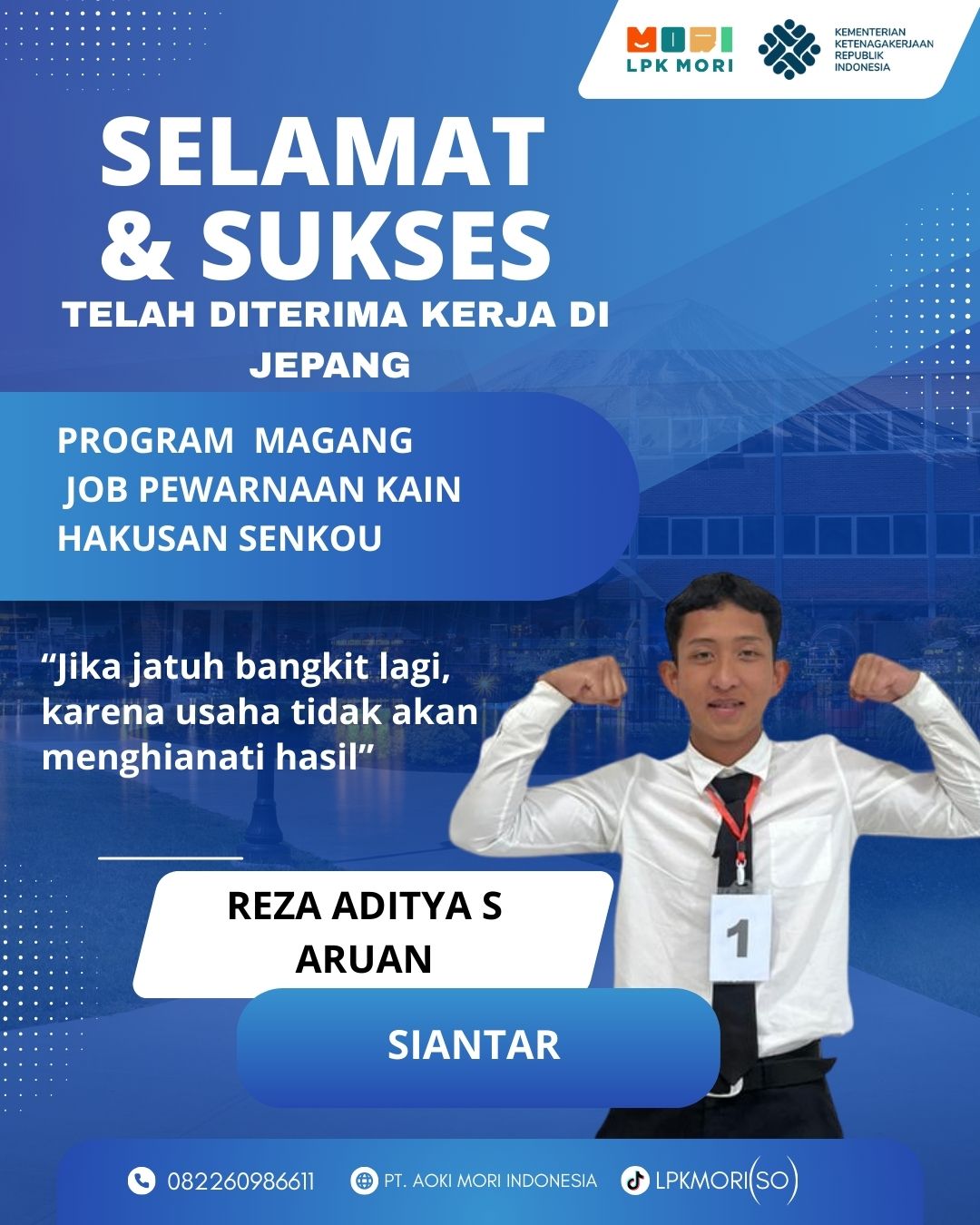 Reza Aditya S Aruan Siswa asal Siantar yang telah di terima bekerja di Jepang, program magang, Pewarnaan Kain, diperusahaa HAKUSAN SENKOU.CO.,LTD