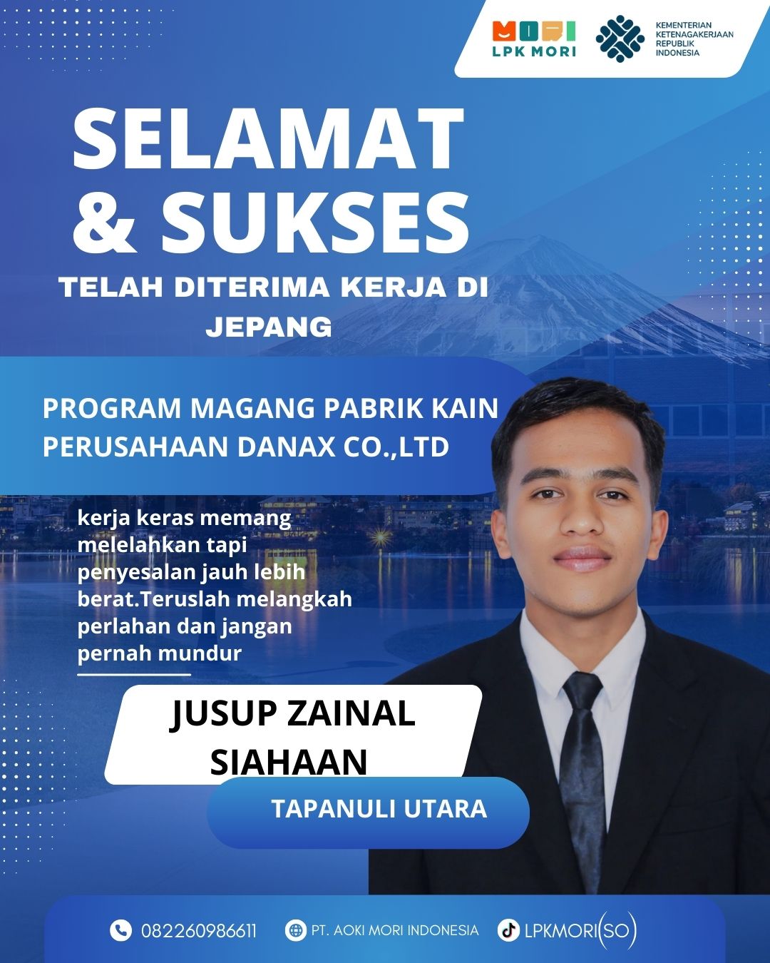 Jusup Zainal Siahaan Siswa asal Tapanuli Utara yang telah di terima bekerja di Jepang, program magang, Job Pewarnaan kain, diperusahaa Danax.CO.,LTD