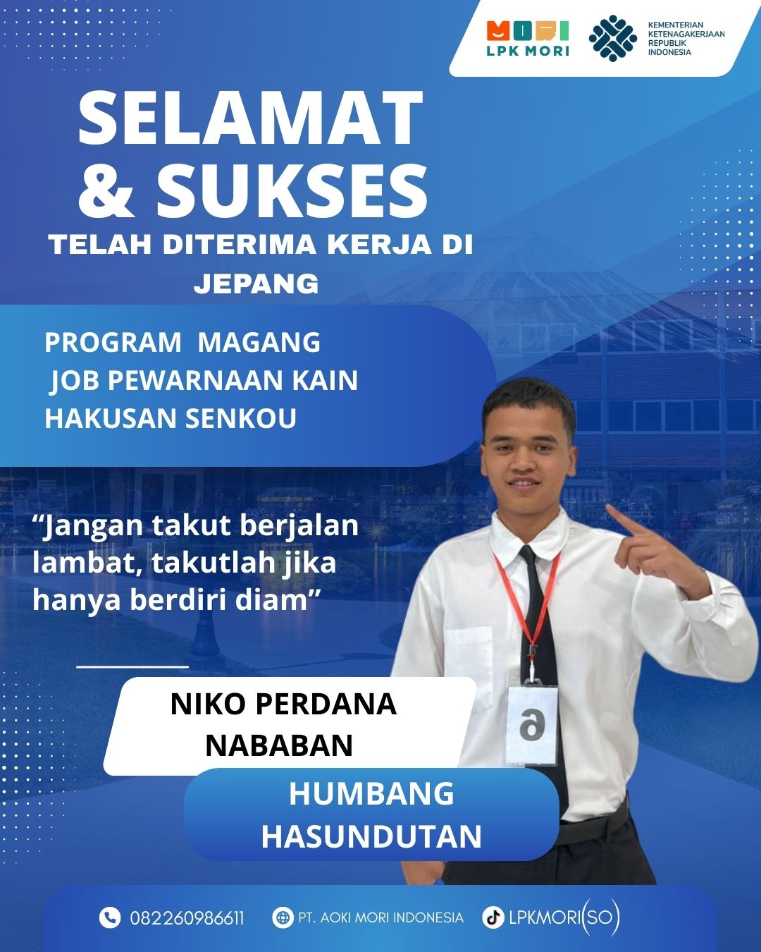 Niko Perdana Nababan Siswa asal Humbang Hasundutan yang telah di terima bekerja di Jepang, program magang, Pewarnaan Kain, diperusahaa HAKUSAN SENKOU.CO.,LTD